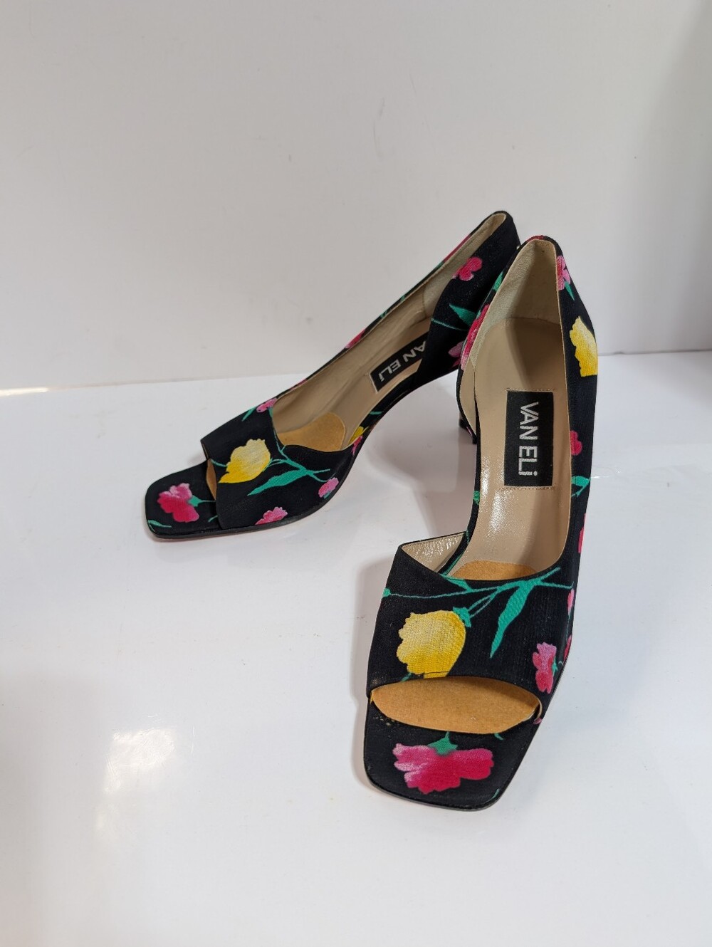 Vaneli Black Floral Open-Toe Pumps
